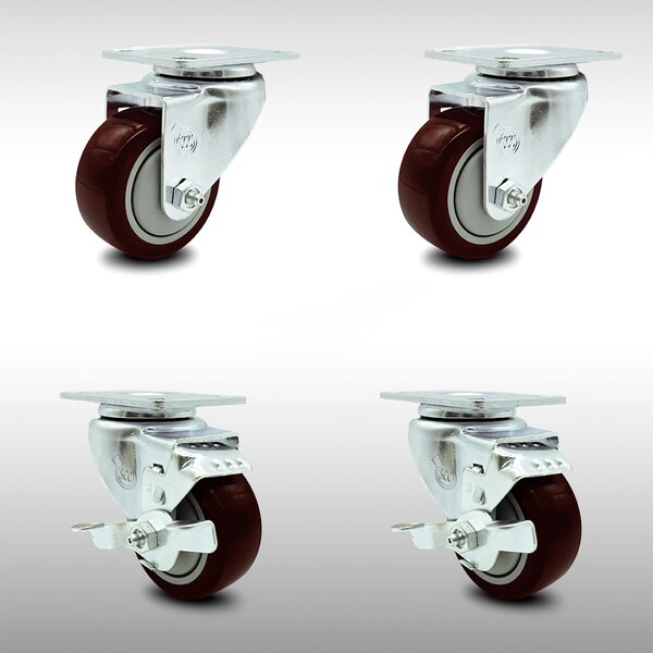 3 Inch SS Maroon Polyurethane Swivel Top Plate Caster Set with 2 Brakes SCC